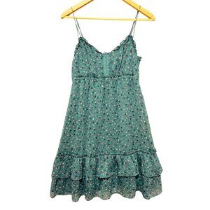 American Eagle Womens Ruffle Tiered Babydoll Mini Dress Sz 10 Green Floral Boho‎